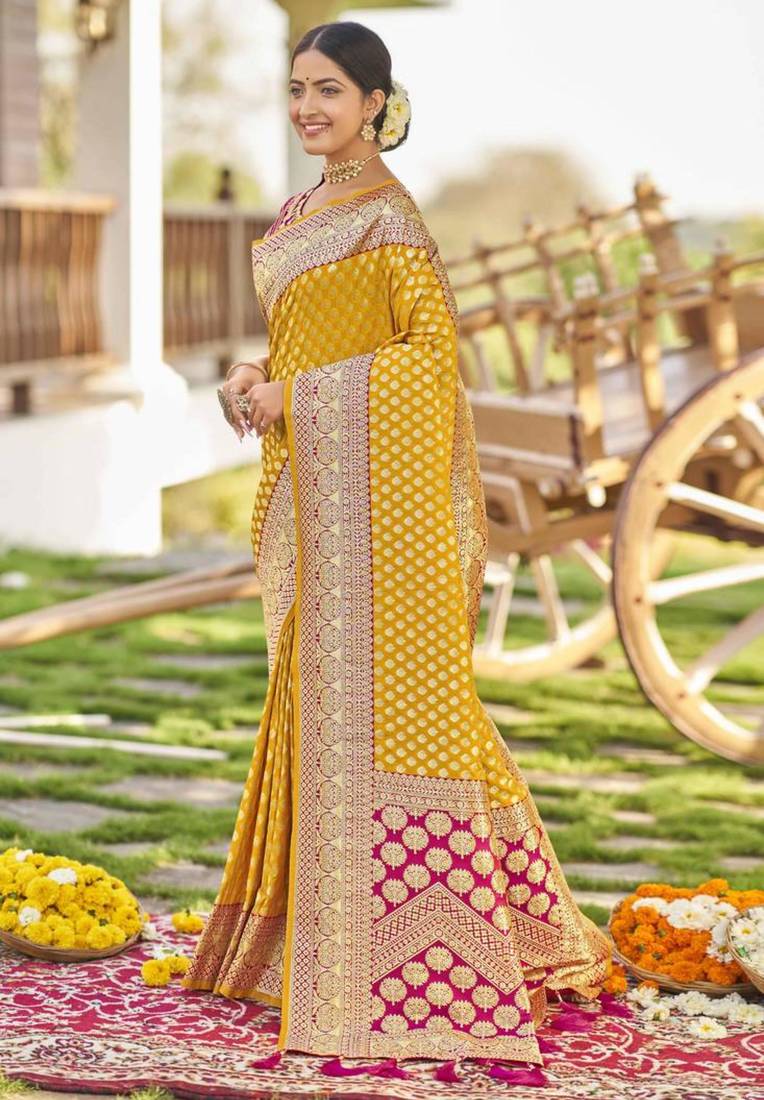 Mustard yellow banarasi silk blend saree