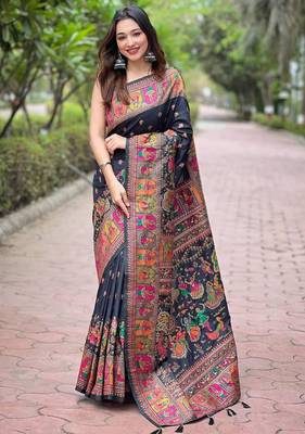 Black woven pashmina silk blend saree with blouse piece 1