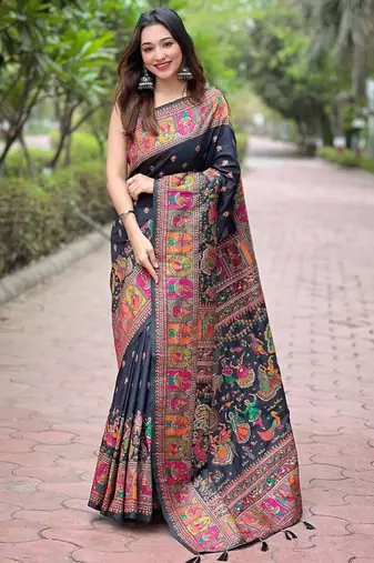 Black woven pashmina silk blend saree with blouse piece
