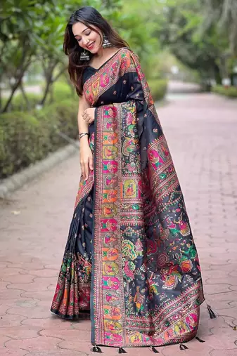 Black woven pashmina silk blend saree with blouse piece
