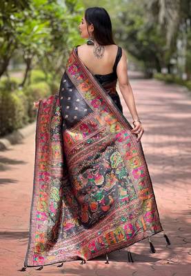 Black woven pashmina silk blend saree with blouse piece 3