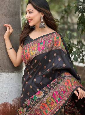 Black woven pashmina silk blend saree with blouse piece 4