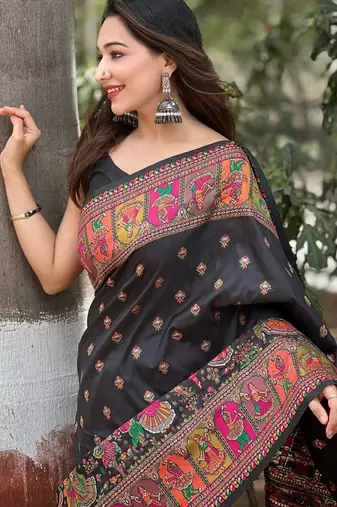 Black woven pashmina silk blend saree with blouse piece