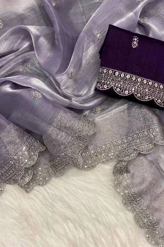 Mauve silk blend saree with scalloped embroidery