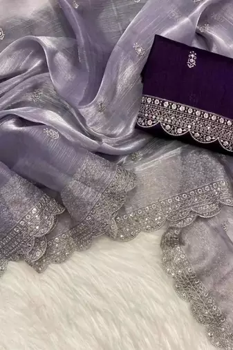 Mauve silk blend saree with scalloped embroidery