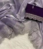 Mauve silk blend saree with scalloped embroidery