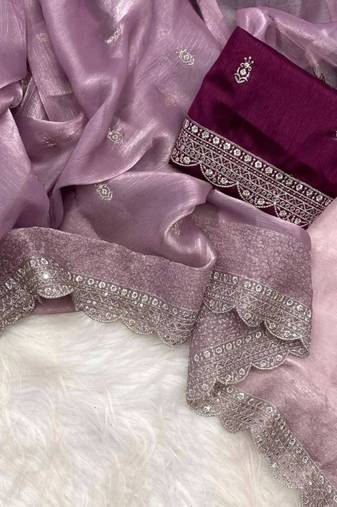Mauve silk blend saree with scalloped embroidery