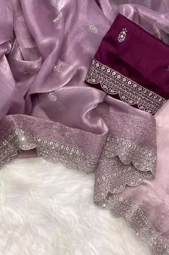 Mauve silk blend saree with scalloped embroidery