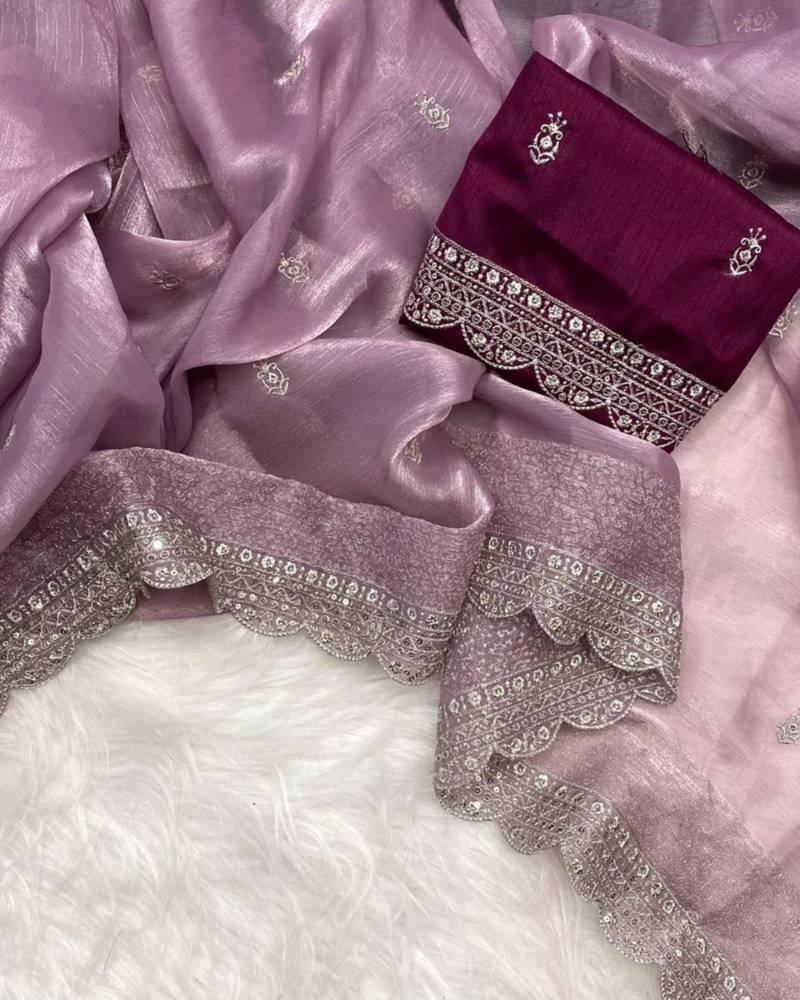 Mauve silk blend saree with scalloped embroidery