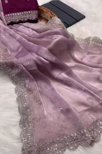 Mauve silk blend saree with scalloped embroidery