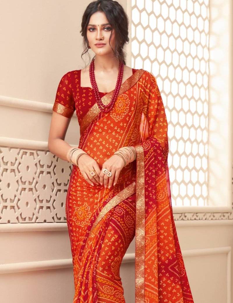Red bandhani print chiffon saree