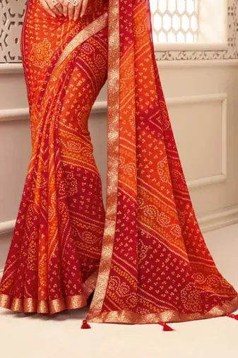 Red bandhani print chiffon saree