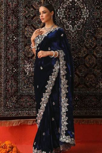Navy blue velvet embroidered saree