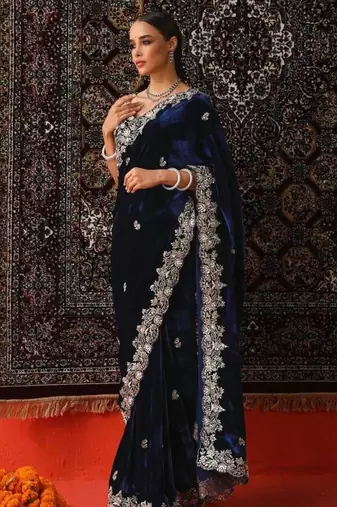 Navy blue velvet embroidered saree