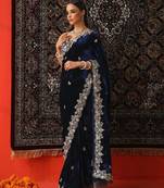 Navy blue velvet embroidered saree