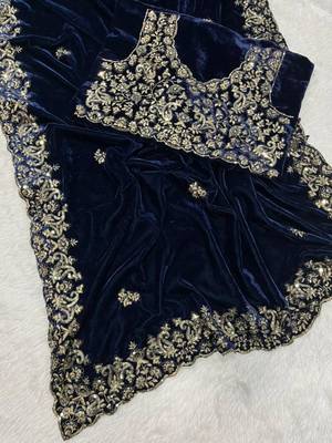 Navy blue velvet embroidered saree 2