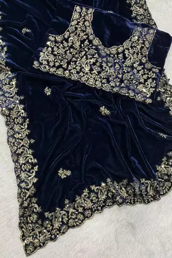 Navy blue velvet embroidered saree