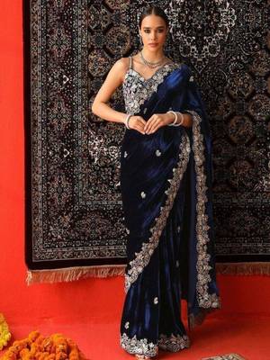 Navy blue velvet embroidered saree 3