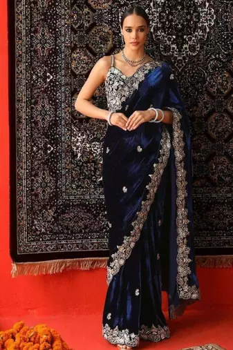 Navy blue velvet embroidered saree