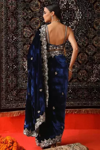 Navy blue velvet embroidered saree