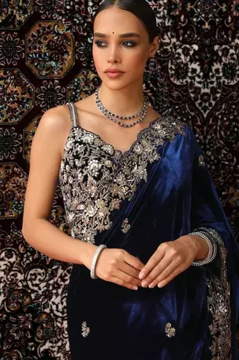 Navy blue velvet embroidered saree