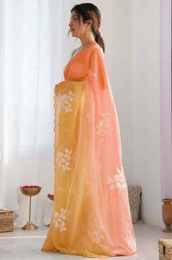 Peach & yellow ombre silk blend saree