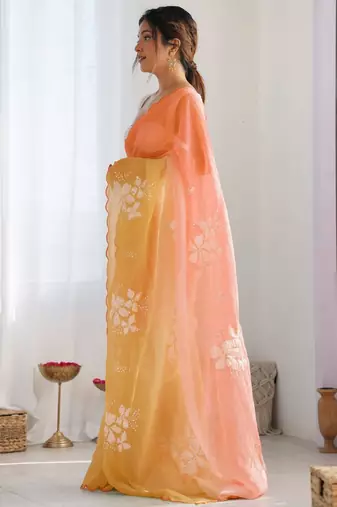 Peach & yellow ombre silk blend saree