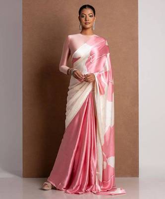 Pink printed satin saree with blouse piece 1