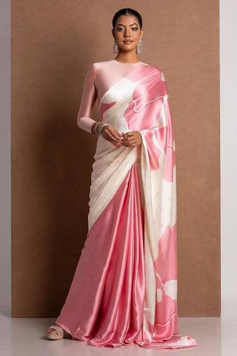 Pink printed satin saree with blouse piece