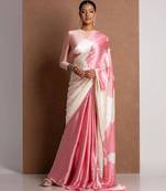 Pink printed satin saree with blouse piece