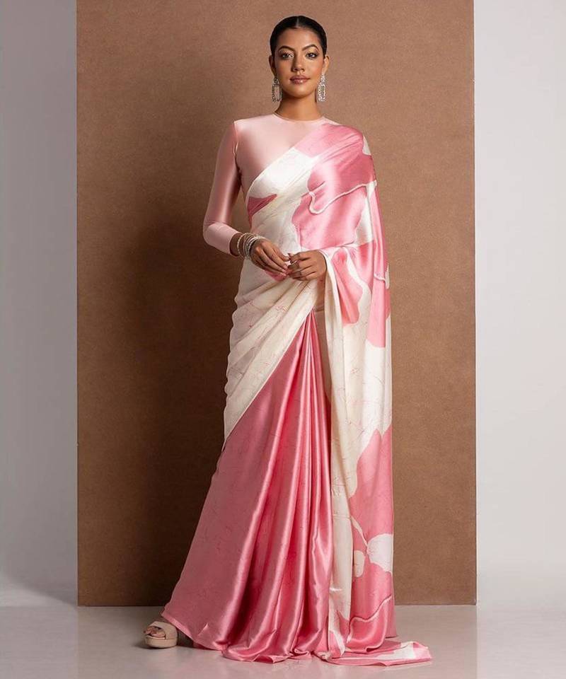 Pink printed satin saree with blouse piece