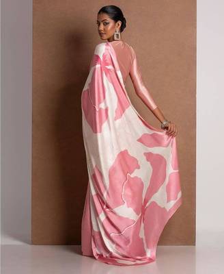 Pink printed satin saree with blouse piece 2