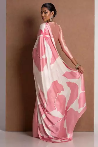 Pink printed satin saree with blouse piece