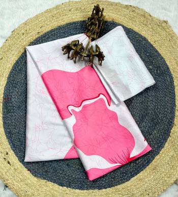 Pink printed satin saree with blouse piece 3
