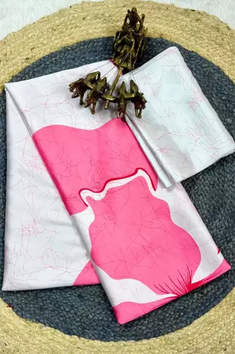 Pink printed satin saree with blouse piece