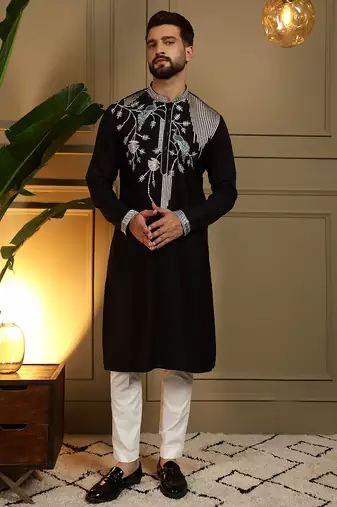Men's black viscose silk sequins embroidered kurta with pajama set