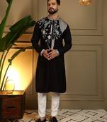 Men's black viscose silk sequins embroidered kurta with pajama set