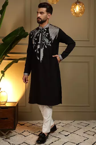 Men's black viscose silk sequins embroidered kurta with pajama set