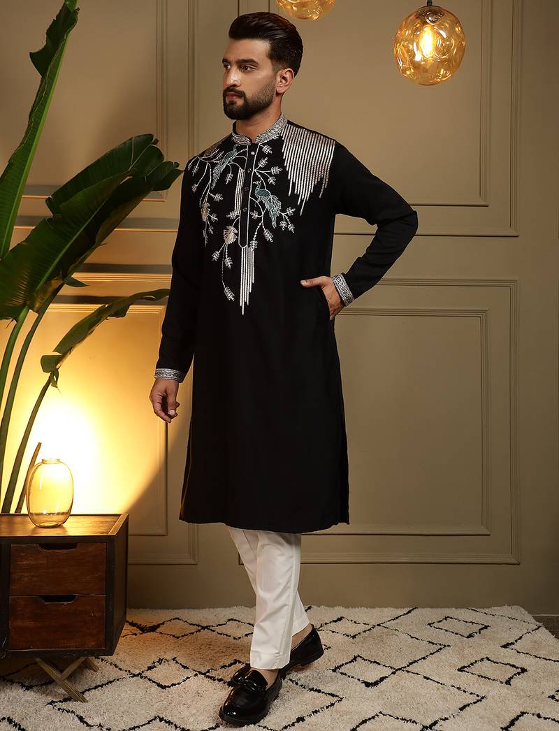 Men's black viscose silk sequins embroidered kurta with pajama set