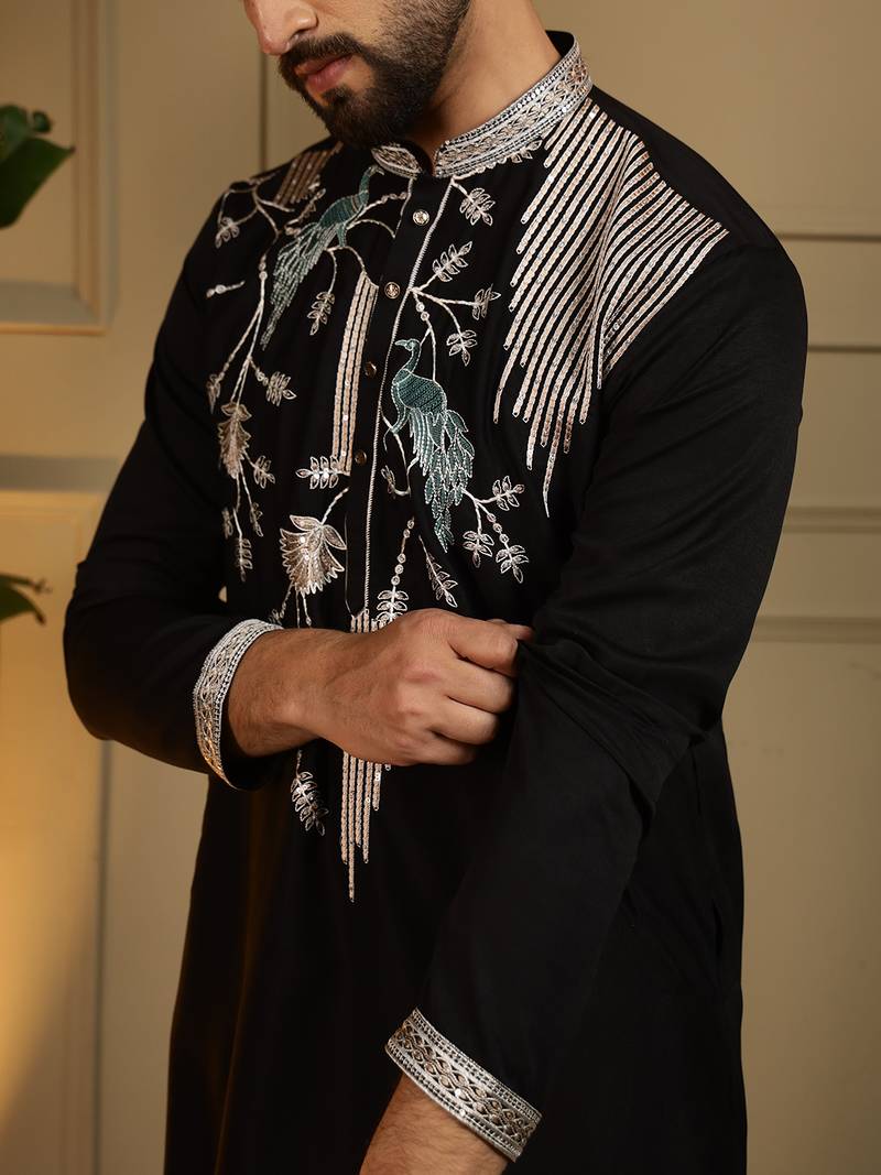 Men's black viscose silk sequins embroidered kurta with pajama set