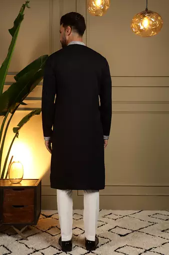 Men's black viscose silk sequins embroidered kurta with pajama set