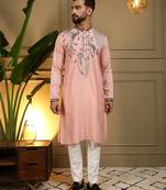 Men's pink viscose silk sequins embroidered kurta with pajama set