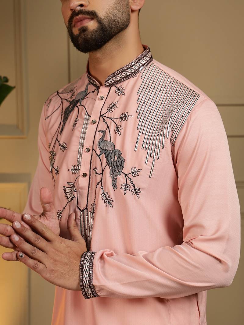 Men's pink viscose silk sequins embroidered kurta with pajama set