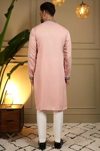 Men's pink viscose silk sequins embroidered kurta with pajama set