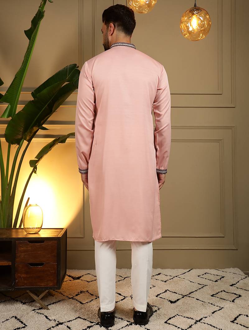Men's pink viscose silk sequins embroidered kurta with pajama set