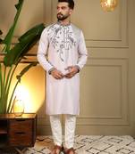 Men's grey viscose silk sequins embroidered kurta with pajama set
