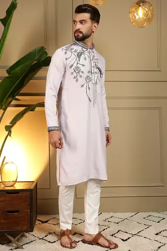 Men's grey viscose silk sequins embroidered kurta with pajama set