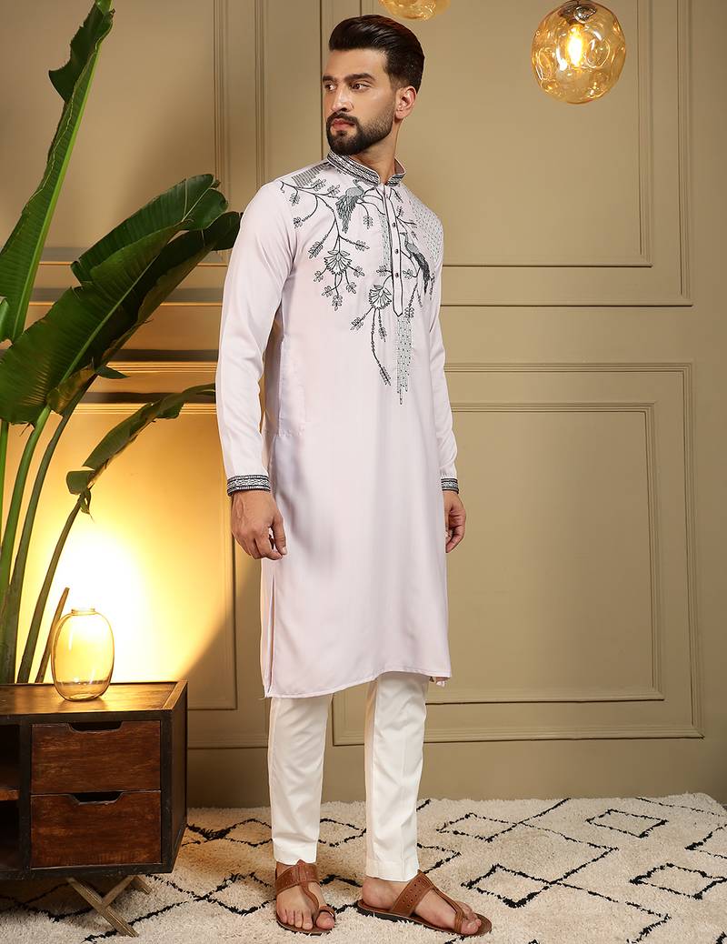 Men's grey viscose silk sequins embroidered kurta with pajama set