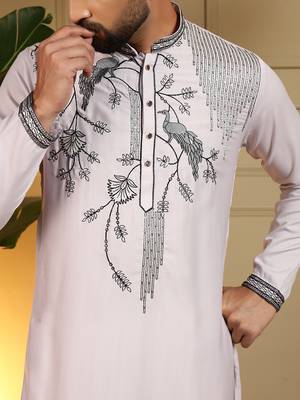 Men's grey viscose silk sequins embroidered kurta with pajama set 3