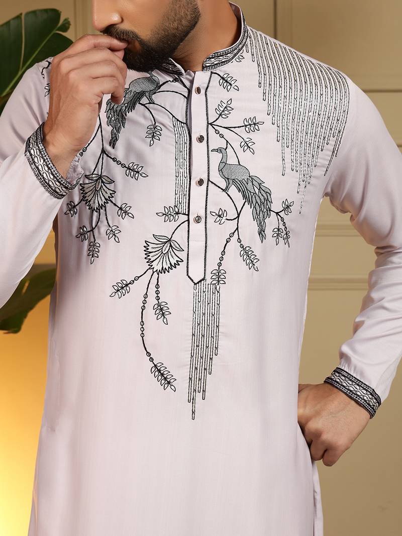 Men's grey viscose silk sequins embroidered kurta with pajama set